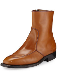 The Row Brando Flat Leather Ankle Boot Caramel