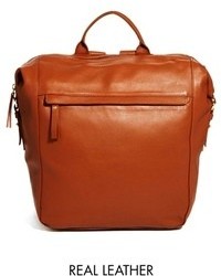 Asos Leather Backpack In Boysy Shape Tan