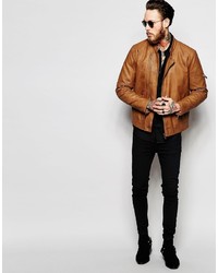 Asos Brand Faux Leather Racing Biker Jacket In Tan With Stitch Detail