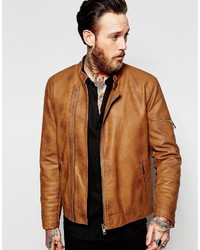 Asos Brand Faux Leather Racing Biker Jacket In Tan With Stitch Detail