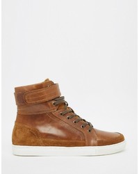 Asos Brand Sneaker Boots In Brown Leather
