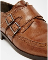 Asos Brand Monk Shoes In Brown Leather