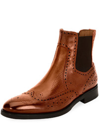 Salvatore Ferragamo Wing Tip Brogue Leather Chelsea Boot Cognac Brown