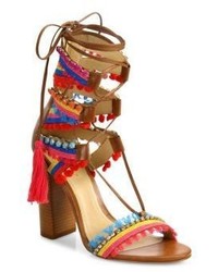 Schutz Calla Jeweled Leather Lace Up Block Heel Sandals