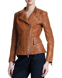 Giorgio Armani Asymmetric Zip Leather Jacket Light Brown