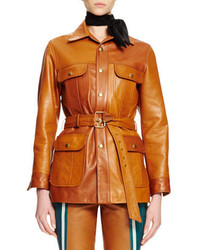 Chloé Chloe Button Front Belted Leather Jacket Ochre