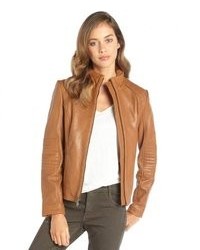 DKNY Luggage Brown Leather Quilt Detailed Zip Moto Jacket