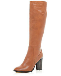 River Island Brown Leather Wide Leg Fit Knee High Boots