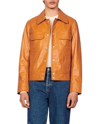 Sandro Brasco Snap Up Leather Trucker Jacket In Orange At Nordstrom