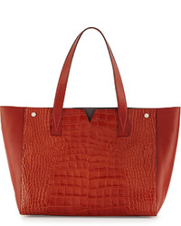 Vince Crocodile Embossed Leather Tote Bag Whiskey