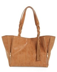 Faux Leather Braided Handle Tote Beige