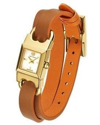 Tory Burch Double T Link Duo Strap Goldtone Stainless Steel And Parrot Leather Strap Watch
