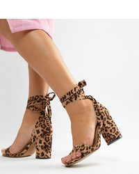 ASOS DESIGN Wide Fit Howling Tie Leg Heeled Sandals In Leopard Print