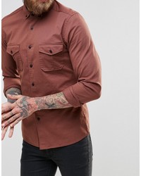Asos Brand Skinny Military Shirt In Rust With Long Sleeves