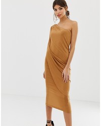 ASOS DESIGN One Shoulder Drape Slinky Midi Dress
