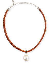 Chan Luu Braided Leather Necklace With Pearl Charm Brown
