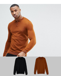 ASOS DESIGN Asos 2 Pack Knitted Muscle Fit Polo In Tanblack Save