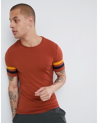 ASOS DESIGN T Shirt With Contrast Sleeve Stripe In Rust