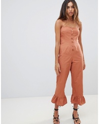 ASOS DESIGN Cotton Frill Hem Jumpsuit With Square Neck And Button Detail