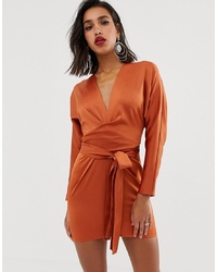ASOS DESIGN Mini Dress With Batwing Sleeve And Wrap Waist In Satin