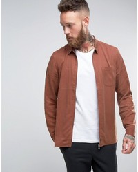 Asos Regular Fit Zip Through Shirt Drape Fabric In Rust