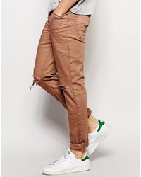 Asos Brand Skinny Jeans With Knee Rips In Brown