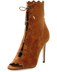 Jimmy Choo Dei 100mm Suede Open Toe Lace Up Bootie Canyon
