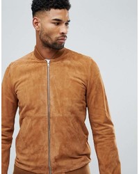Asos Tall Suede Bomber Jacket In Tan