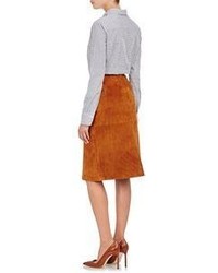 Barneys New York Mock Button Front Suede Skirt Brown