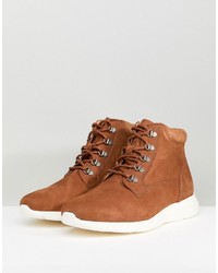 Asos Lace Up Hybrid Boots In Tan Leather With Contrast Sole