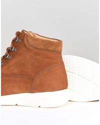 Asos Lace Up Hybrid Boots In Tan Leather With Contrast Sole
