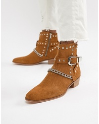 House of Hounds Jasper Studded Cuban Boots In Tan Snake Print Suede