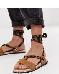 Miss Selfridge Flat Sandals With Leopard Ankle Ties In Tan