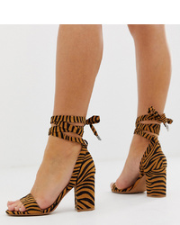 ASOS DESIGN Wide Fit Howling Tie Leg Block Heeled Sandals In Tiger