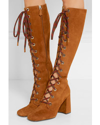 Prada Lace Up Suede Knee Boots Brown