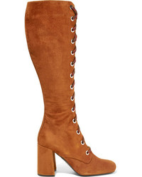 Prada Lace Up Suede Knee Boots Brown