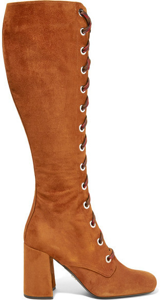 Prada Lace Up Suede Knee Boots Brown 