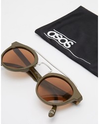 Asos Brand Round Sunglasses With Metal Nose Bar In Khaki