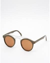 Asos Brand Round Sunglasses With Metal Nose Bar In Khaki