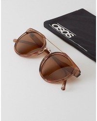 Asos Round Sunglasses In Crystal Brown With Gold Nose Bar