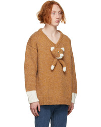 Doublet Brown White Knit Cat V Neck Sweater
