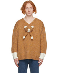 Doublet Brown White Knit Cat V Neck Sweater
