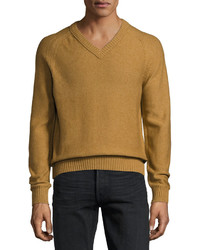 Tom Ford Raglan Cotton Cashmere Blend V Neck Sweater Tobacco