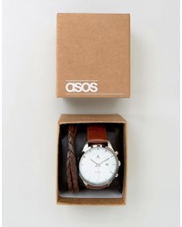 Asos Watch And Bracelet Set In Brown