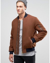 Asos Wool Mix Bomber Jacket With Ma1 Pocket In Dark Rust