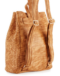 Neiman Marcus Basket Woven Drawstring Bucket Backpack Honey