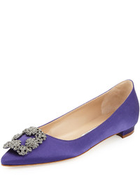 Manolo Blahnik Hangisi Crystal Buckle Satin Flat