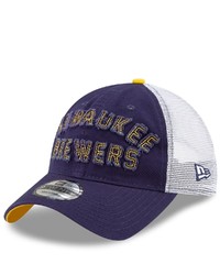New Era Navy Milwaukee Brewers Frayed Wordmark Trucker 9twenty Adjustable Hat