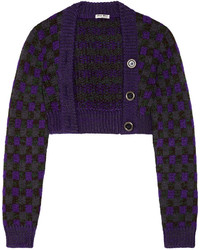 Miu Miu Cropped Checked Wool Blend Cardigan Purple