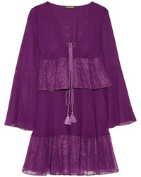 Roberto Cavalli Lace Trimmed Tiered Silk Georgette Mini Dress Violet